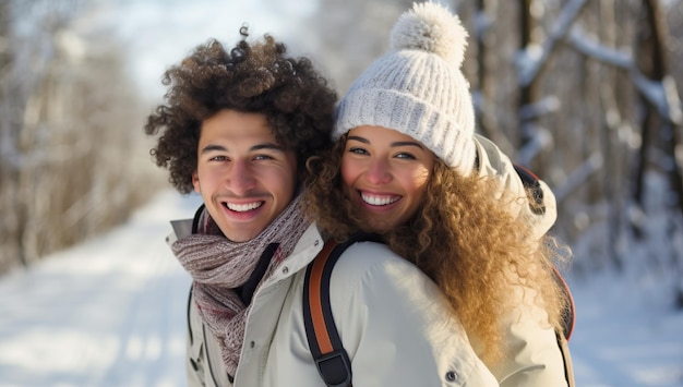 Retrato de um jovem casal feliz em roupas de inverno