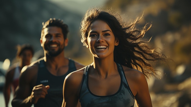 Retrato de um jovem casal feliz em roupas esportivas sorrindo para a câmera enquanto corria na cidadegerativa ai