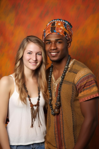 Foto retrato de um jovem casal feliz juntos contra uma origem étnica