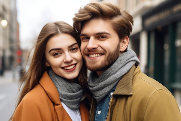 Retrato de um jovem casal feliz na cidade criado com IA generativa