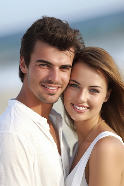 Retrato de um jovem casal feliz na praia juntos