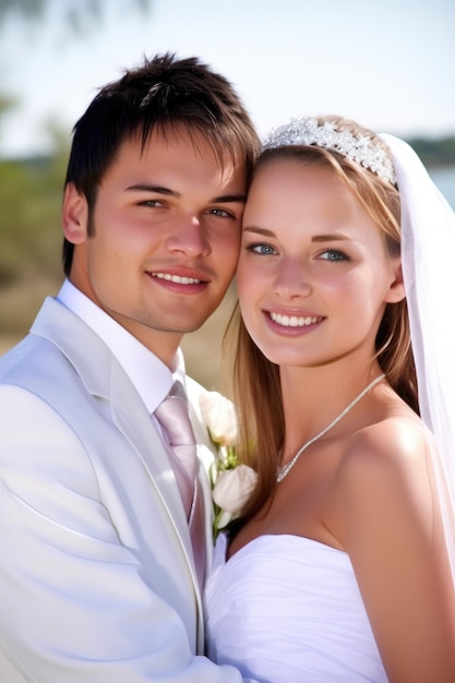 Retrato de um jovem casal feliz no dia do casamento criado com generative ai