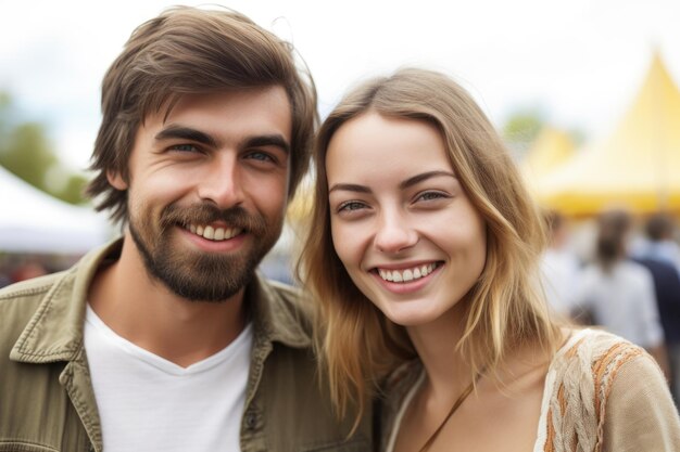 Retrato de um jovem casal feliz passando o dia em um evento ao ar livre criado com generative ai