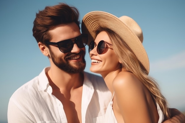 Foto retrato de um jovem casal feliz relaxando e curtindo um feriado juntos criado com ai generativa