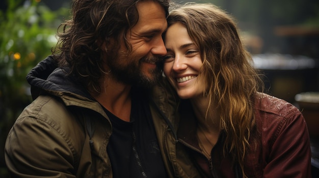 Retrato de um jovem casal feliz se abraçando e olhando um para o outro gerativo ai