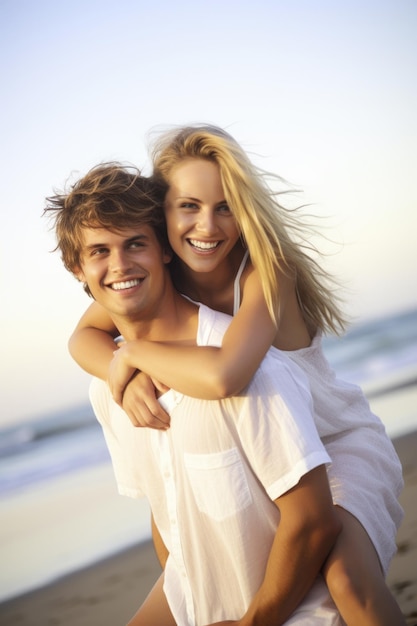 Retrato de um jovem casal feliz se divertindo na praia criado com IA generativa