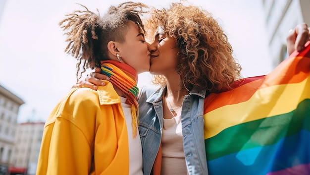 Retrato de um jovem casal gay lésbico abraçando e mostrando seu amor com a bandeira do arco-íris na rua