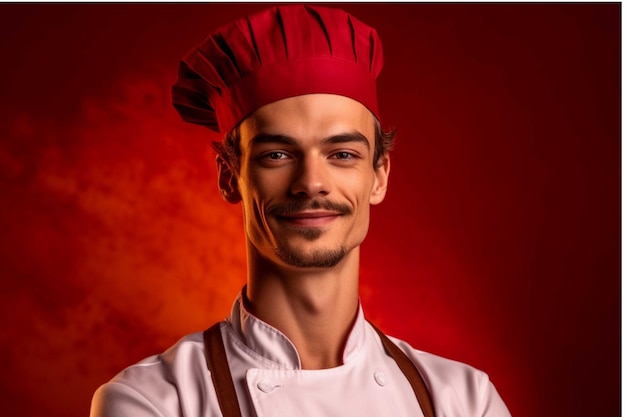 Foto retrato de um jovem chef masculino em um fundo de estúdio vermelho