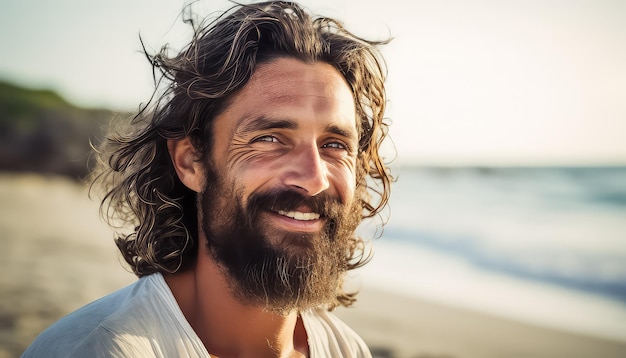 Retrato de um jovem com barba branca na praia