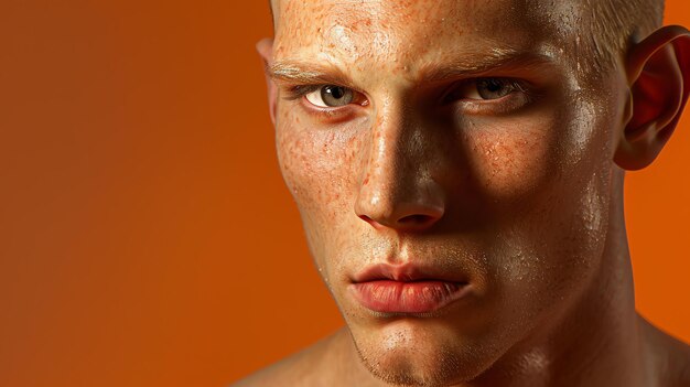 Foto retrato de um jovem com cabelos loiros curtos e olhos claros ele tem uma expressão séria em seu rosto e está olhando diretamente para a câmera