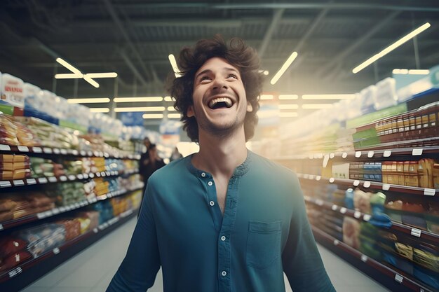 Foto retrato de um jovem com expressão feliz num supermercado gerado por ai