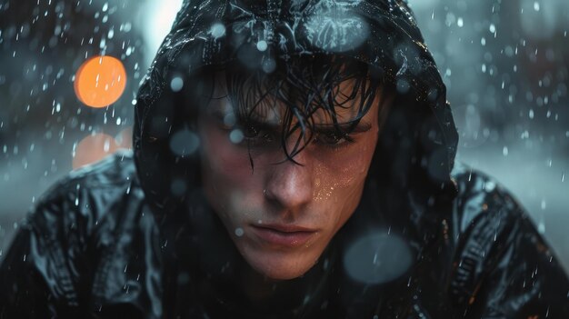 Retrato de um jovem com uma jaqueta encharcada na chuva forte