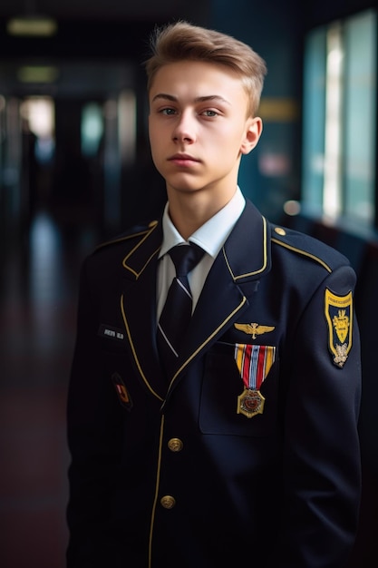 Retrato de um jovem confiante de uniforme na escola criado com generative ai