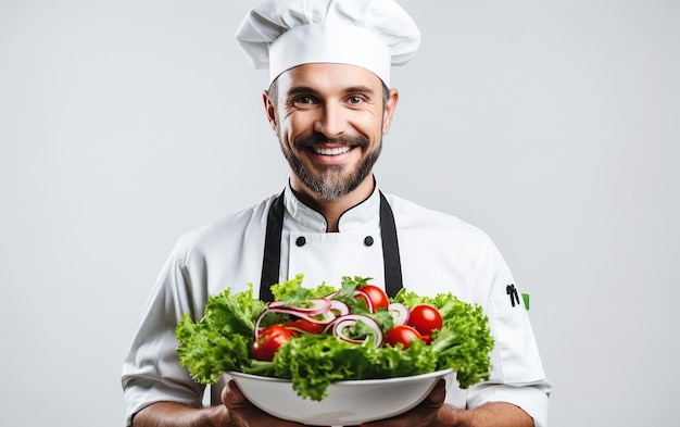 Retrato de um jovem cozinheiro alegre em IA geradora de uniforme e salada