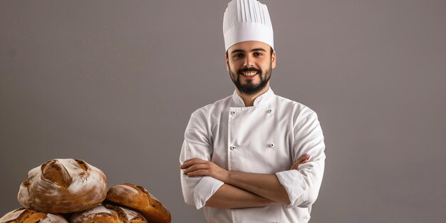 Retrato de um jovem cozinheiro-panadeiro de pé com os braços cruzados e sorrindo