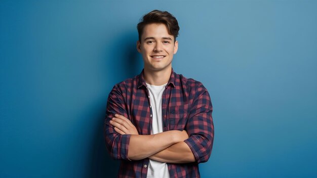 Retrato de um jovem de pé com os braços cruzados contra o azul