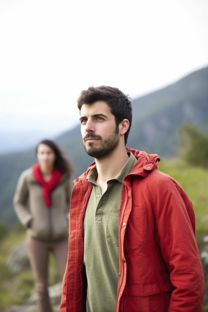 Retrato de um jovem de pé fora nas montanhas com sua namorada ao fundo