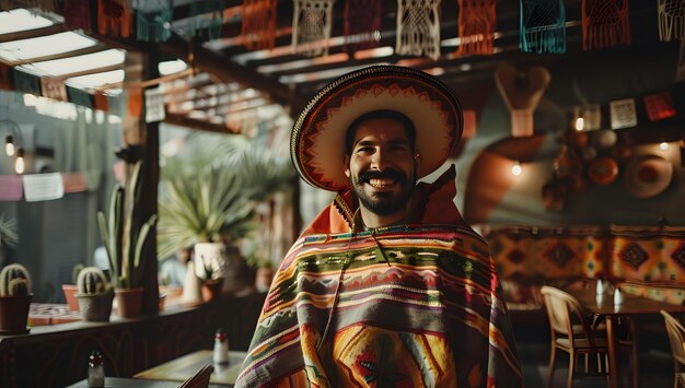 Foto retrato de um jovem de poncho e sombrero mexicano