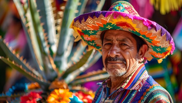 Foto retrato de um jovem de poncho e sombrero mexicano