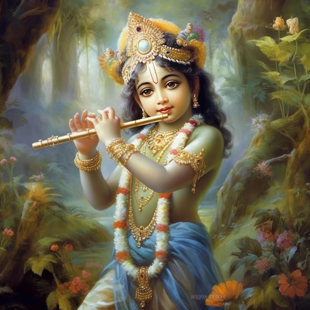 Retrato de um jovem deus krishna com flauta na mão