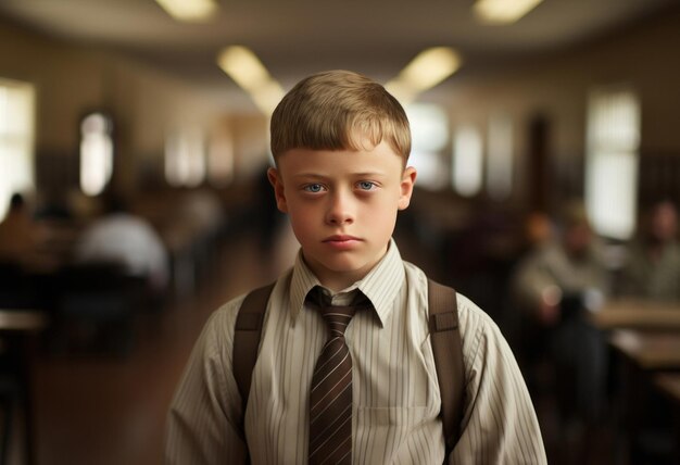 Foto retrato de um jovem e amigável menino da escola primária no corredor da escola ele está vestido com um elegante uniforme escolar gerado ai