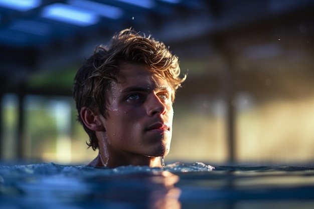 Retrato de um jovem em gotas de água depois de um treino no ginásio