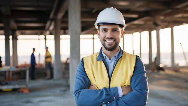 Foto retrato de um jovem empresário alegre engenheiro de construção