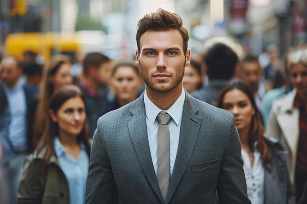 retrato de um jovem empresário bonito caminhando na multidão na rua