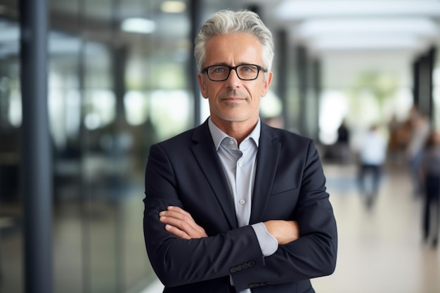 Retrato de um jovem empresário casual feliz no braço do escritório cruzado