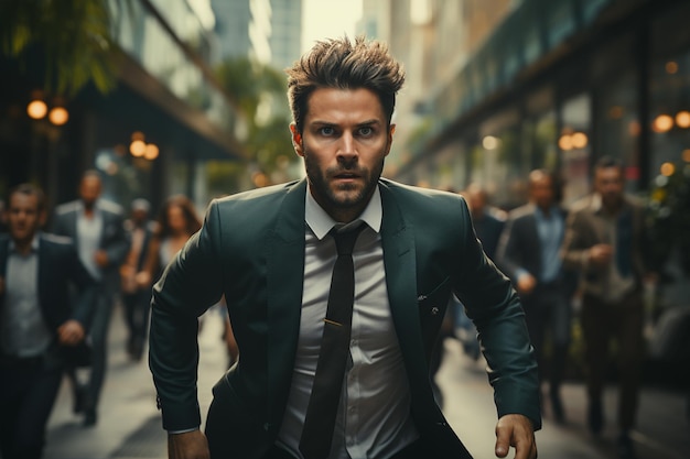 Retrato de um jovem empresário de terno andando ao ar livre na rua