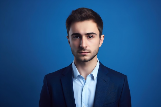 Retrato de um jovem empresário em fundo azul Foto de estúdio