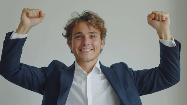 Retrato de um jovem empresário feliz com os braços levantados celebrando o sucesso