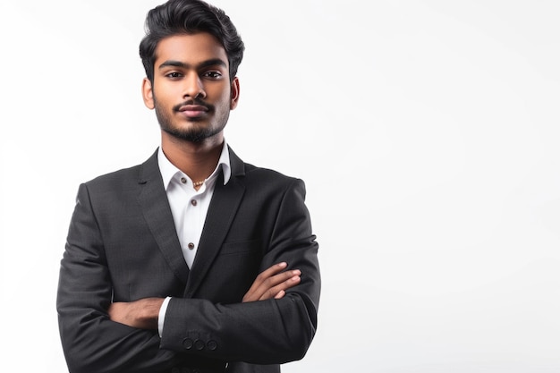 Retrato de um jovem empresário indiano com os braços cruzados em fundo branco isolado