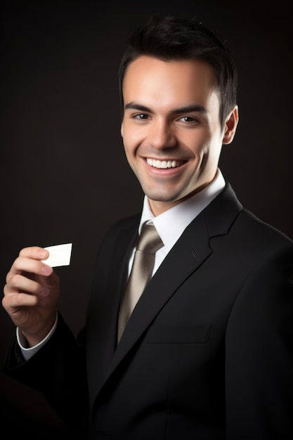 Retrato de um jovem empresário segurando um cartão de visita em branco e sorrindo criado com IA generativa