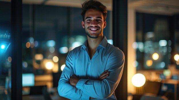 Retrato de um jovem empresário sorridente de pé sozinho em um escritório escuro enquanto trabalhava até tarde