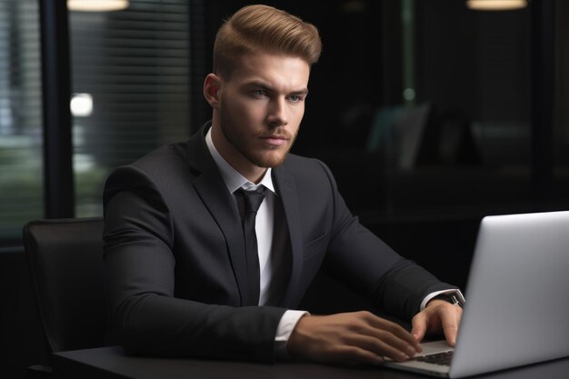 Retrato de um jovem empresário usando seu laptop enquanto trabalha em um escritório