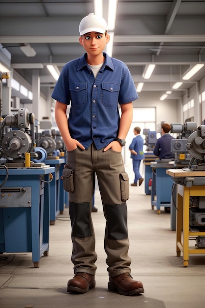 retrato de um jovem engenheiro de pé com as mãos nos bolsos em uma fábrica industrial