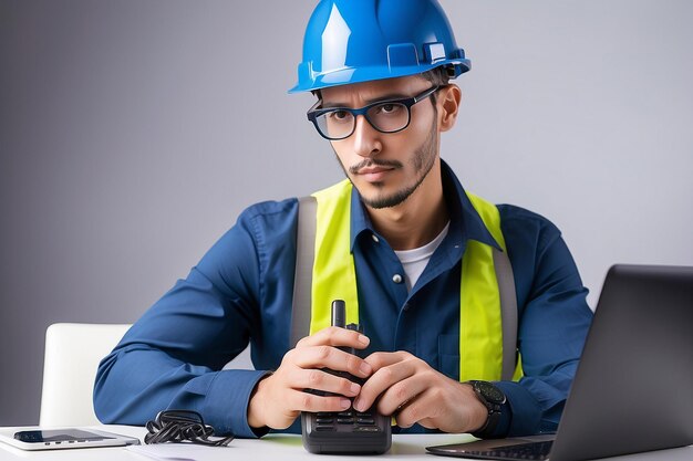 Foto retrato de um jovem engenheiro elegante segurando walkie talkies têm uma visão de um líder