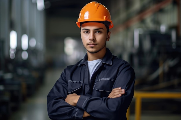 Retrato de um jovem engenheiro masculino trabalhando em uma fábrica criada com IA gerativa