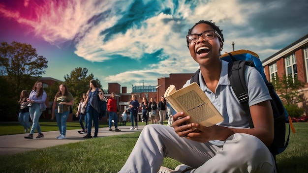 Retrato de um jovem estudante segurando um livro no campus ao ar livre