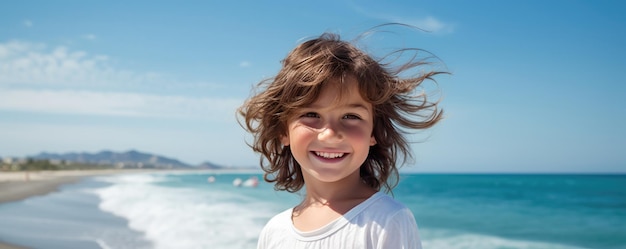 Retrato de um jovem europeu feliz de cabelos castanhos no panorama do banner de férias Generative Ai