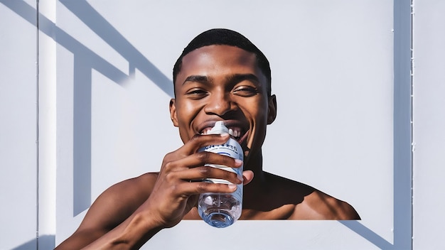 Retrato de um jovem feliz bebendo água de uma garrafa e olhando para a câmera isolada sobre branco