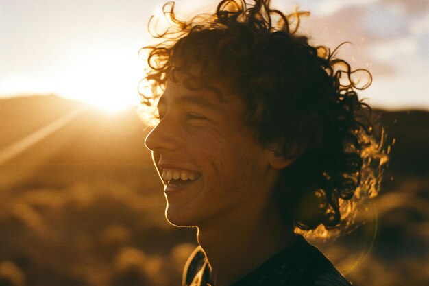 Foto retrato de um jovem feliz com cabelos encaracolados ao pôr-do-sol