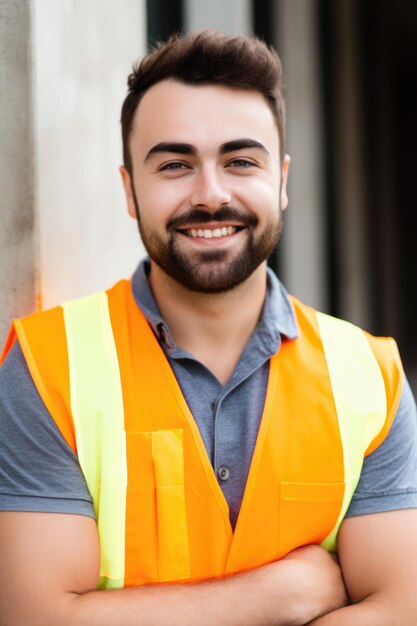 Retrato de um jovem feliz com um colete de segurança laranja de pé do lado de fora criado com IA generativa