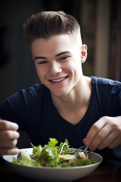 Retrato de um jovem feliz comendo salada em sua cozinha criado com IA generativa