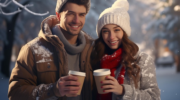 Retrato de um jovem feliz e uma menina em um parque no inverno com copos de papel em suas mãos