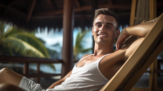 Retrato de um jovem feliz relaxando na espreguiçadeira de madeira na praia tropical