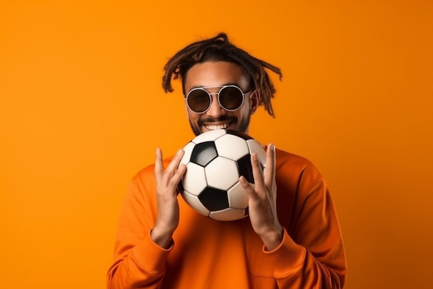 Retrato de um jovem feliz segurando uma bola de futebol