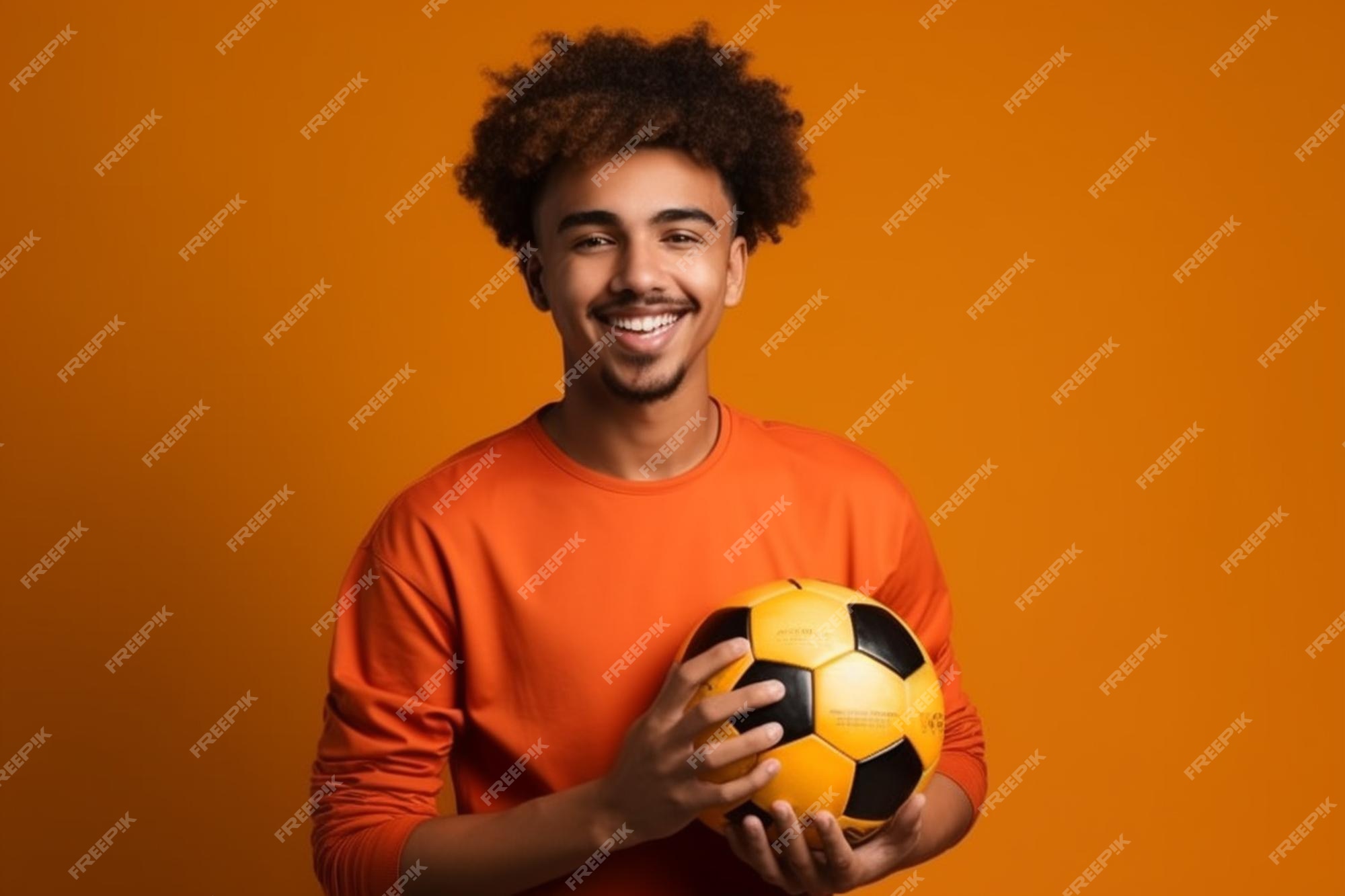 Bola de jogador de futebol e jovem feliz em jogar um divertido