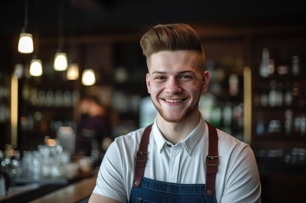 Retrato de um jovem feliz trabalhando em seu café criado com generative ai